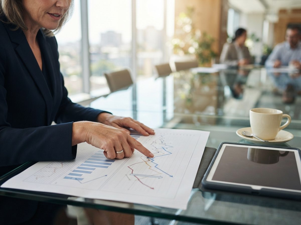 Financial advisor reviewing printed investment charts at a glass conference table.