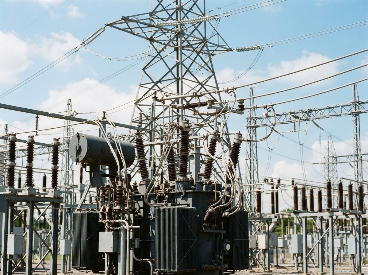 High-voltage transmission towers and transformers in an electrical substation under daylight.
