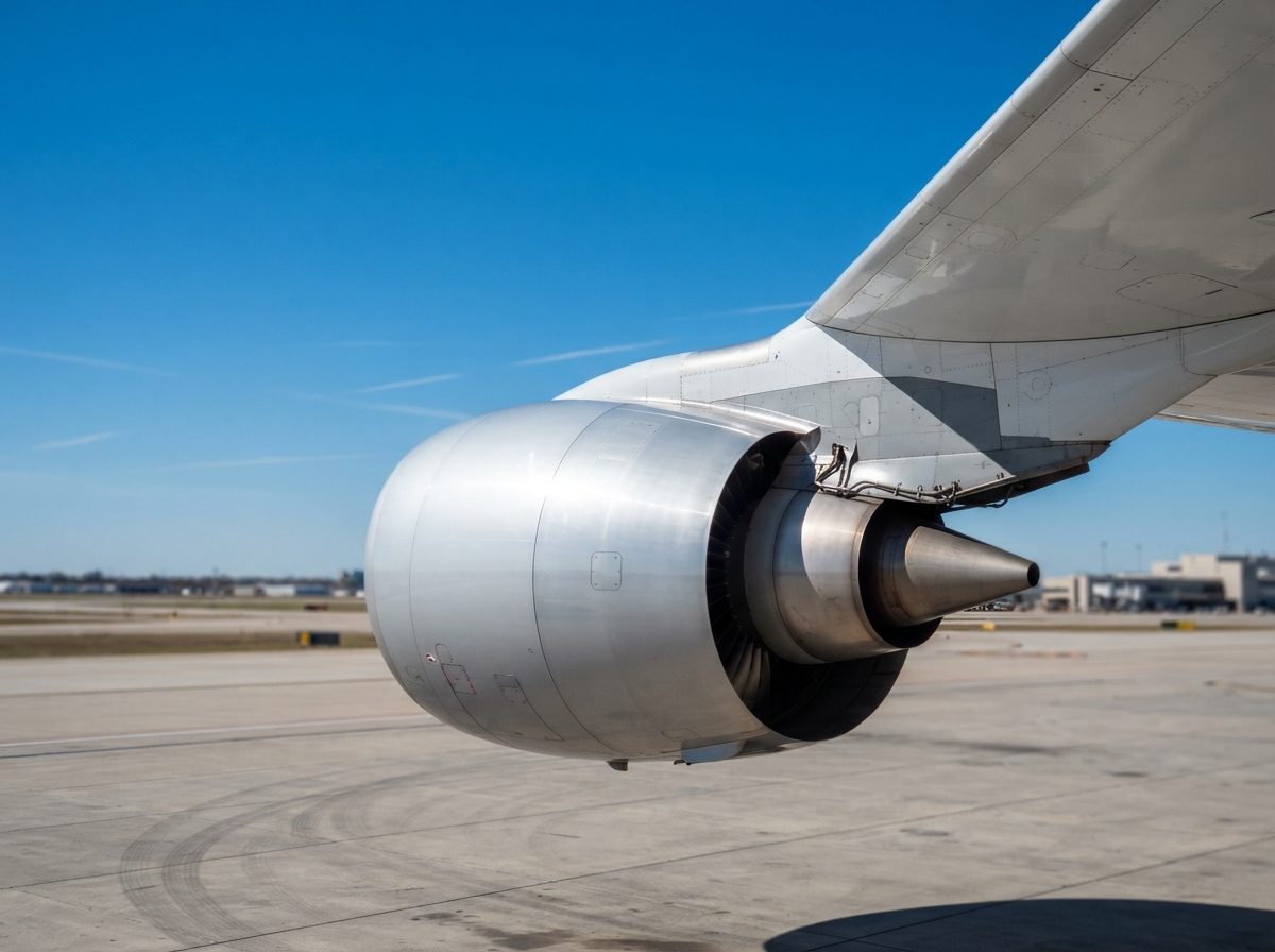 A commercial aircraft jet engine mounted under a wing on an airport tarmac under clear skies.