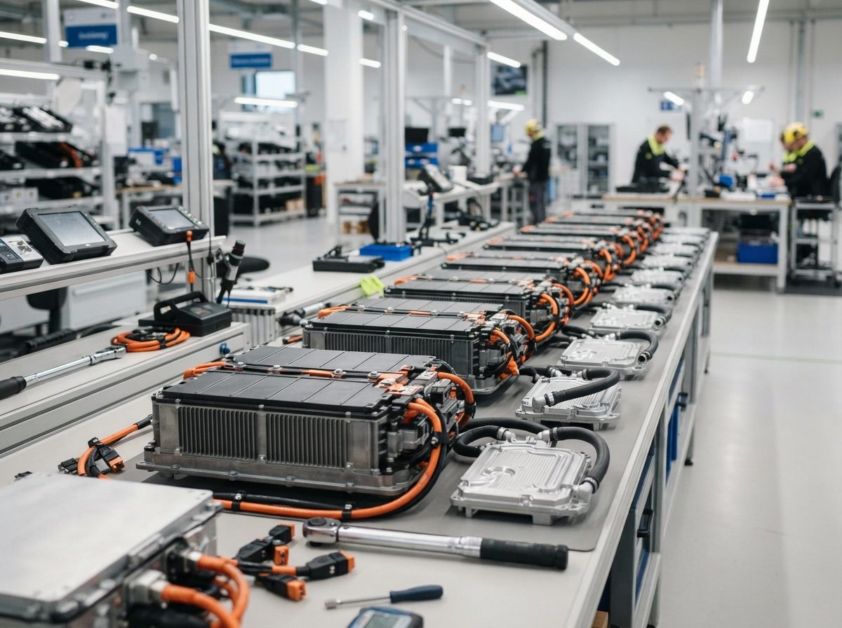 Automotive battery thermal management modules arranged on a manufacturing workbench under bright lighting.