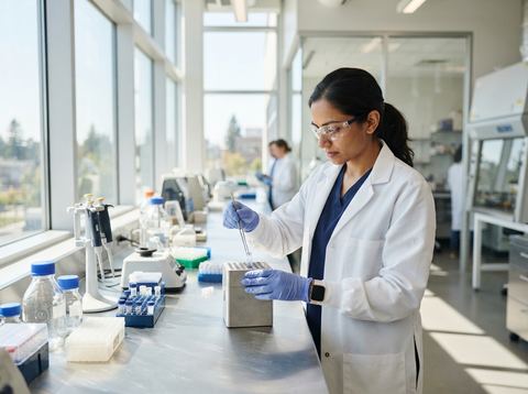 Scientist in a white coat handling glass vials in a bright modern biotech laboratory.