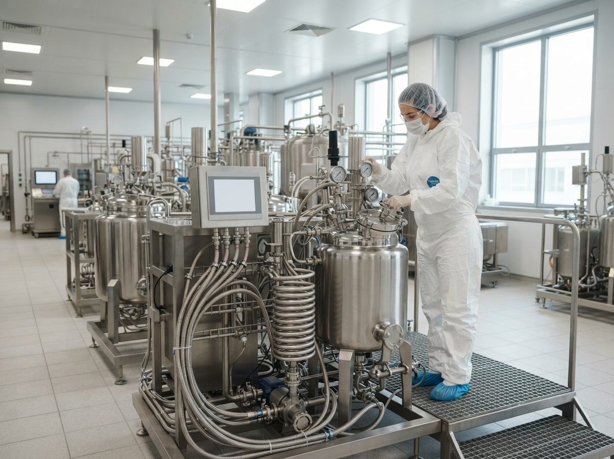 Stainless steel bioreactor tanks and tubing inside a clean pharmaceutical manufacturing facility.