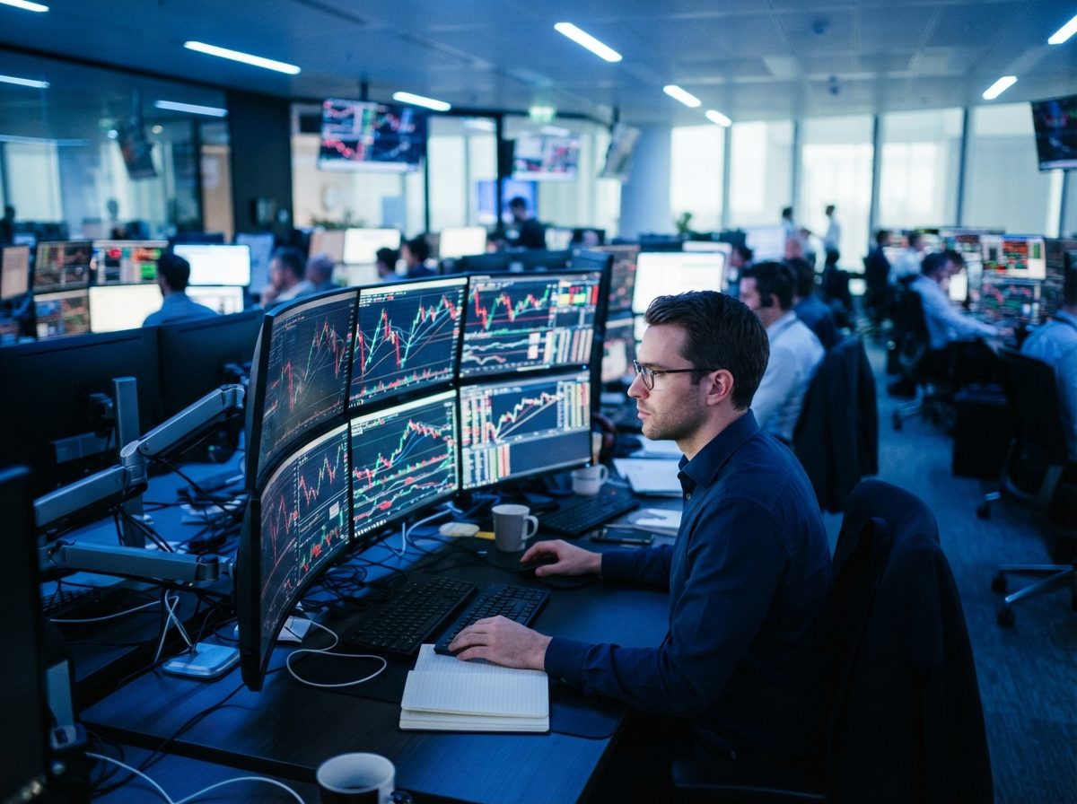 A modern financial trading floor with multiple glowing monitors displaying market data.