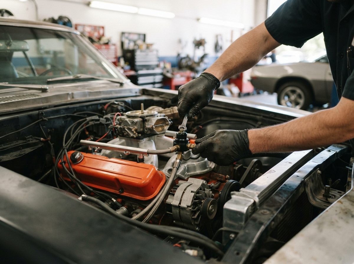 Close-up of a supercharger installed on a performance engine under natural light.