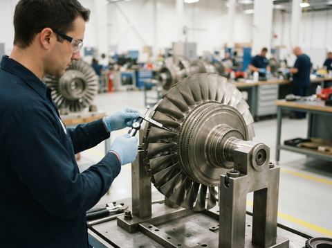 Close-up of a jet engine turbine component in a bright industrial facility.