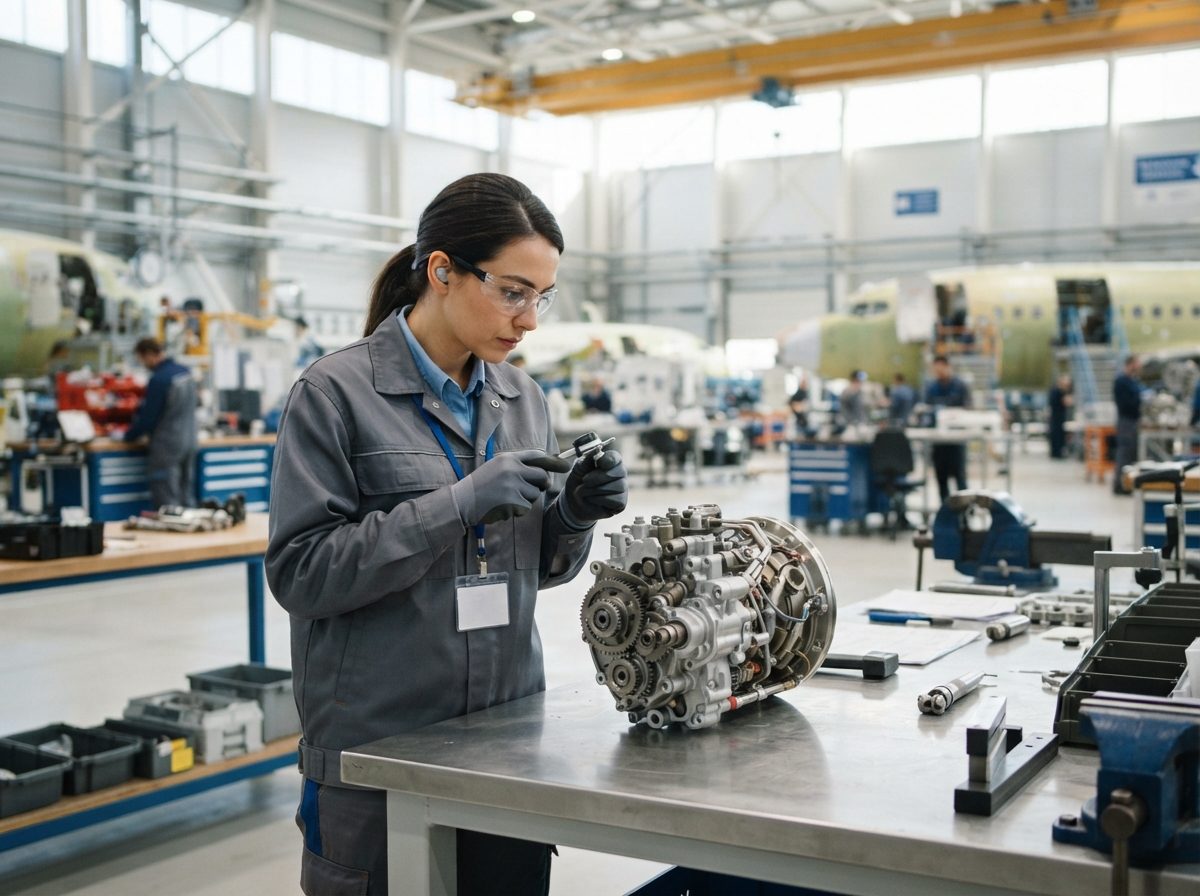 Engineer inspecting an aircraft component on a workbench in a well-lit aerospace facility.