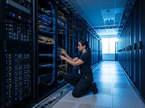 Rows of illuminated enterprise server hardware in a modern data center, representing IBM's technology infrastructure business.