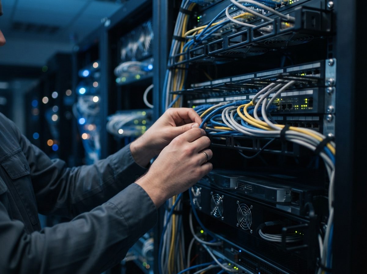 A technician's hands connecting cables in a data center server rack, illustrating IBM's hardware and IT infrastructure operations.