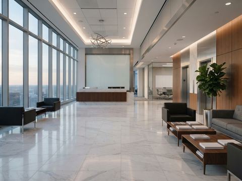 A bright, empty financial services office lobby with marble floors and large windows.