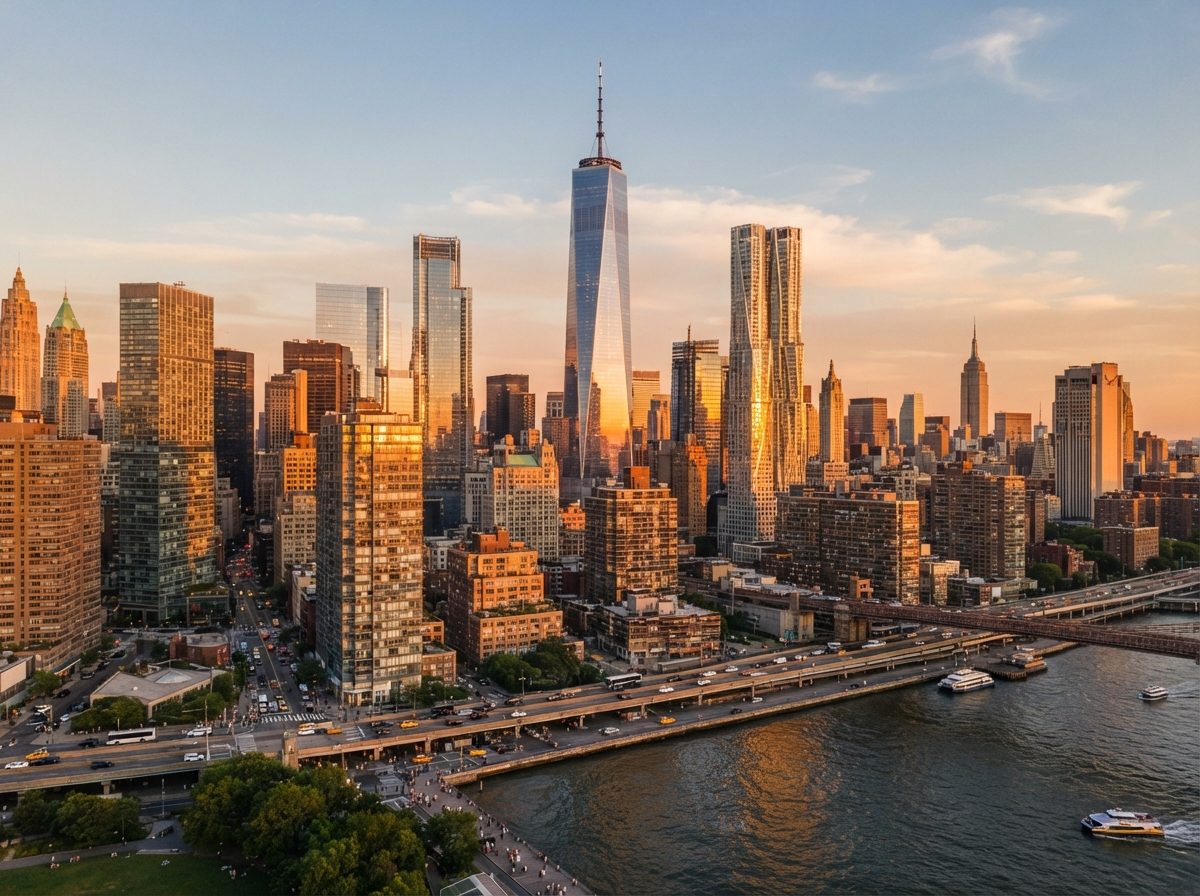 Downtown American financial district skyline glowing at golden hour.