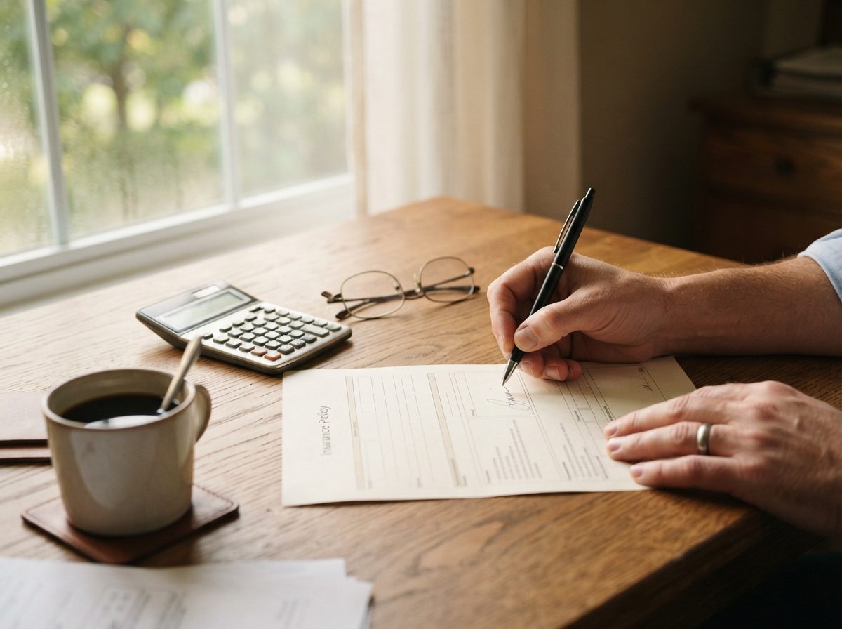 Close-up of an insurance policy being signed on a desk with a calculator and coffee cup nearby.