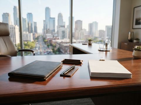 A tidy financial services office desk with a leather folder, pen, and documents lit by soft daylight with a city skyline in the background.
