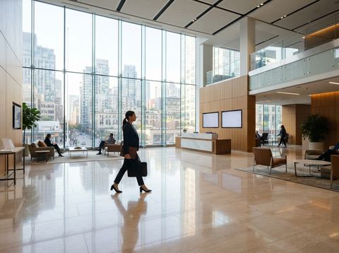 Bright modern office lobby representing an American financial services company headquarters.