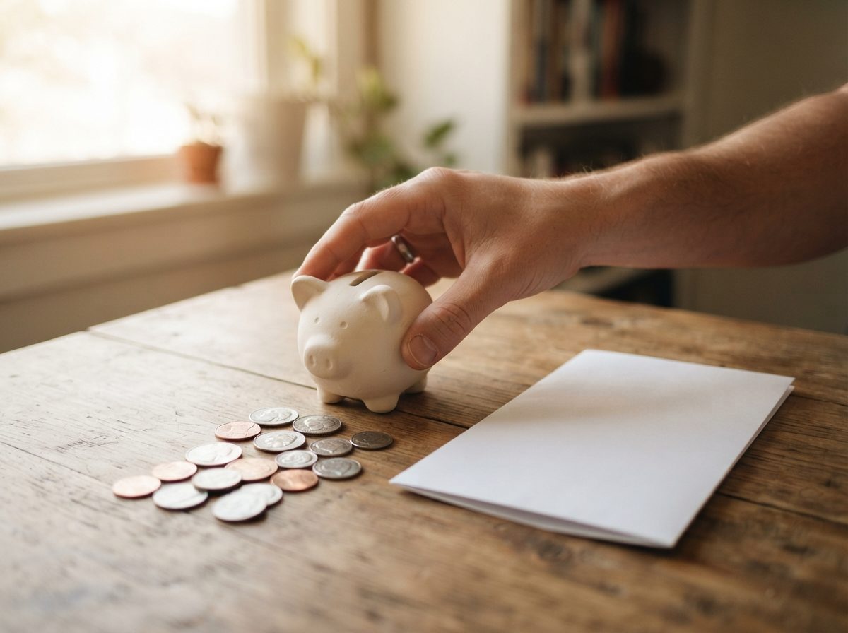 A wooden desk scene with a piggy bank, coins, and an insurance claim form illuminated by natural window light.