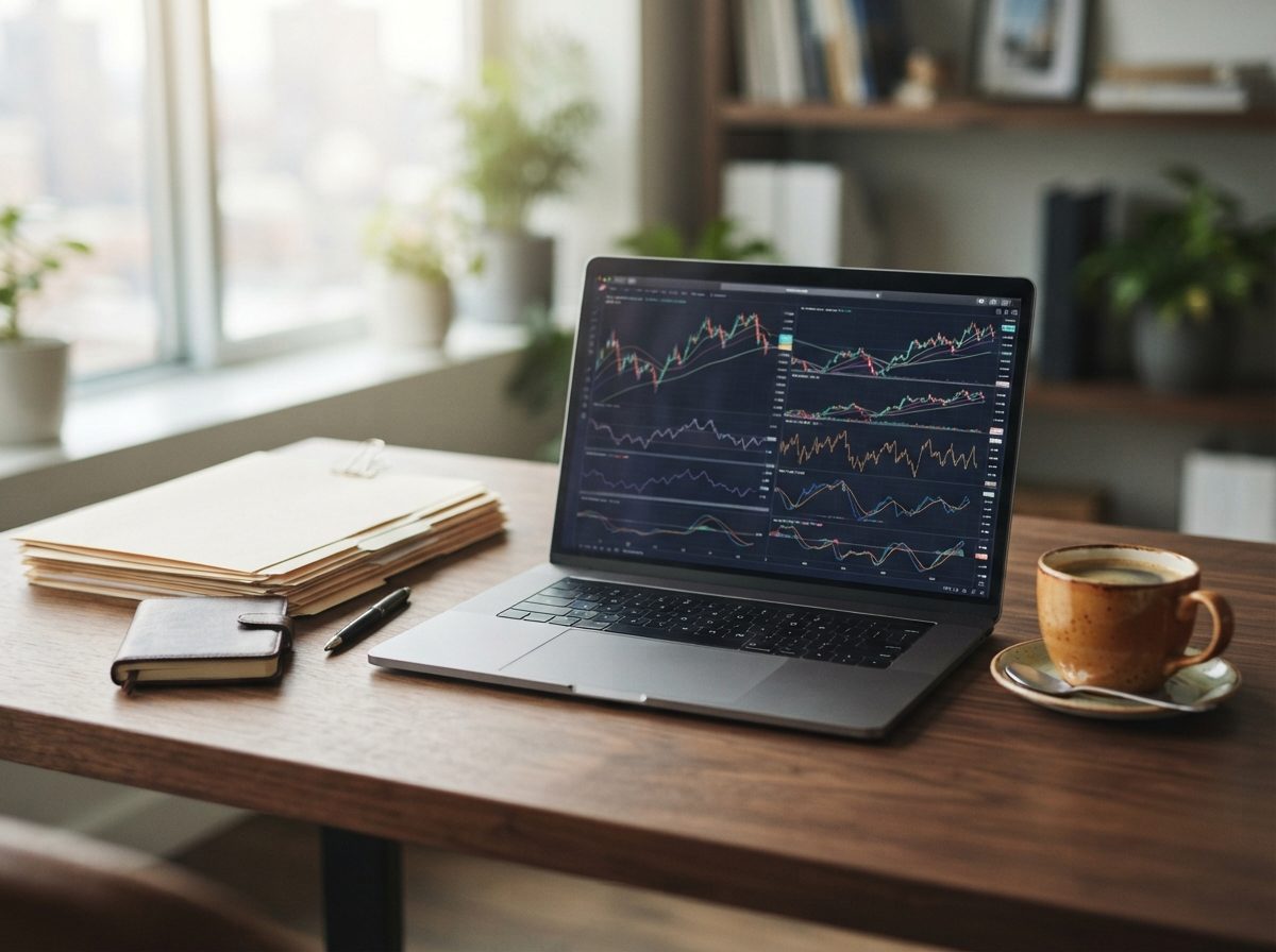 Financial advisor's desk with documents, laptop, and coffee cup in soft natural light.
