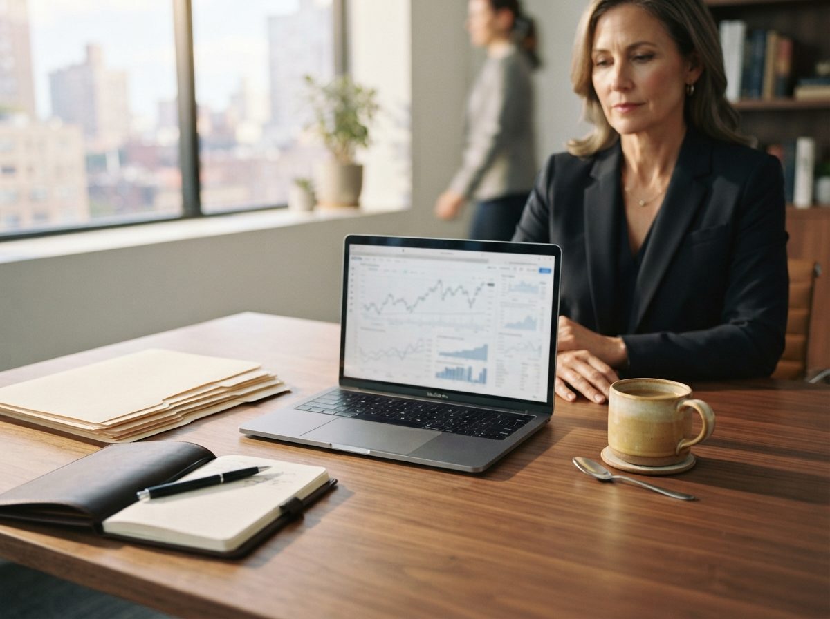 Financial advisor's desk with documents and a laptop displaying financial charts