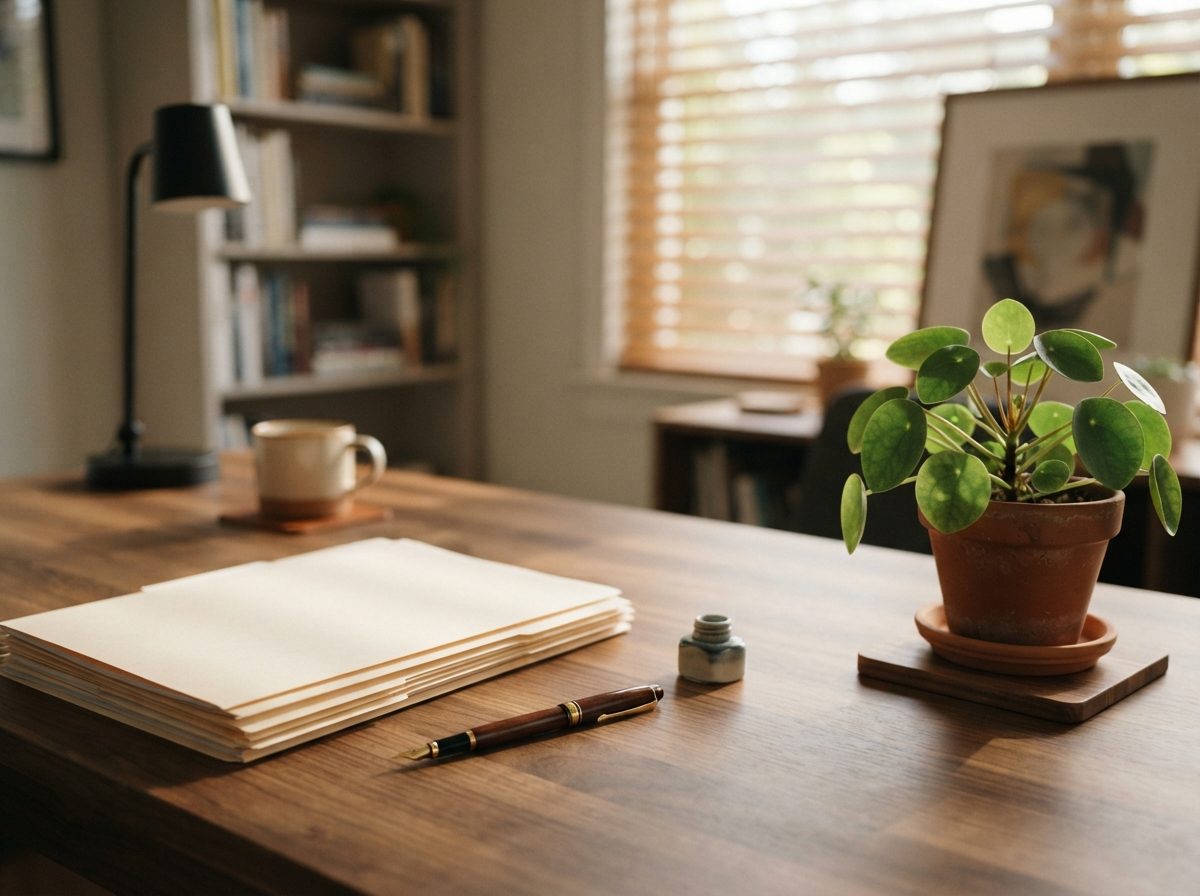 Tidy financial advisor desk with paper folders and a fountain pen in soft afternoon light.