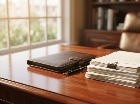 A polished office desk with a leather portfolio and pen representing the financial services industry.