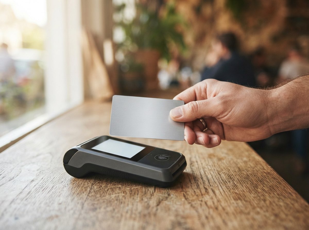 A hand completing a credit card transaction on a card reader, symbolizing everyday consumer finance.