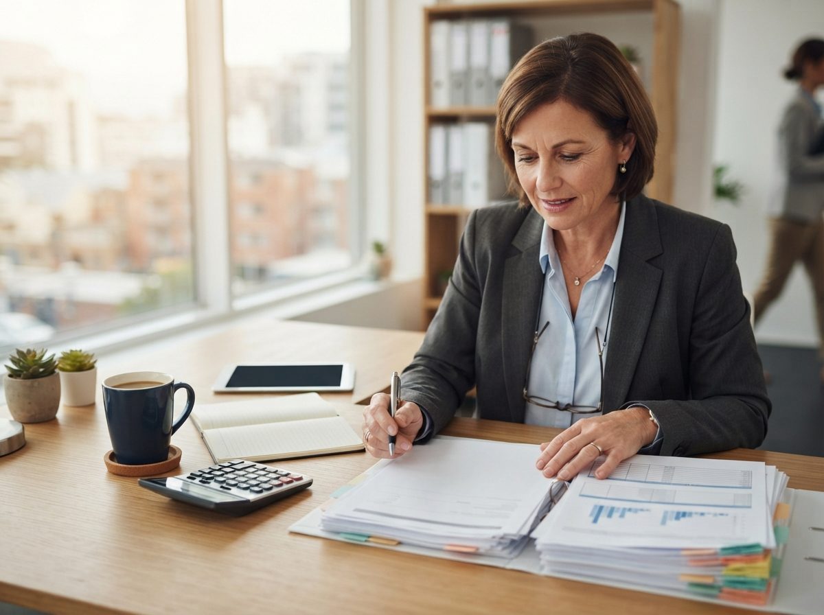 Organized financial advisor's desk with paperwork and a calculator under warm natural light.
