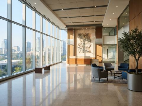 Bright modern office lobby representing an American financial services company headquarters.