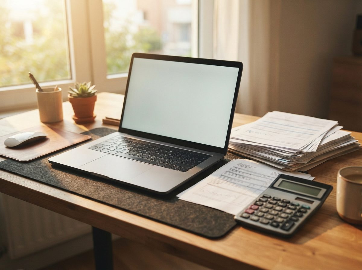Desk with financial documents and a calculator illuminated by natural light.