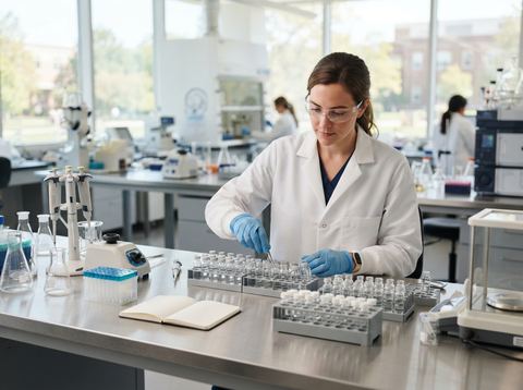 Scientist in a lab coat examining vials of liquid in a bright pharmaceutical research laboratory