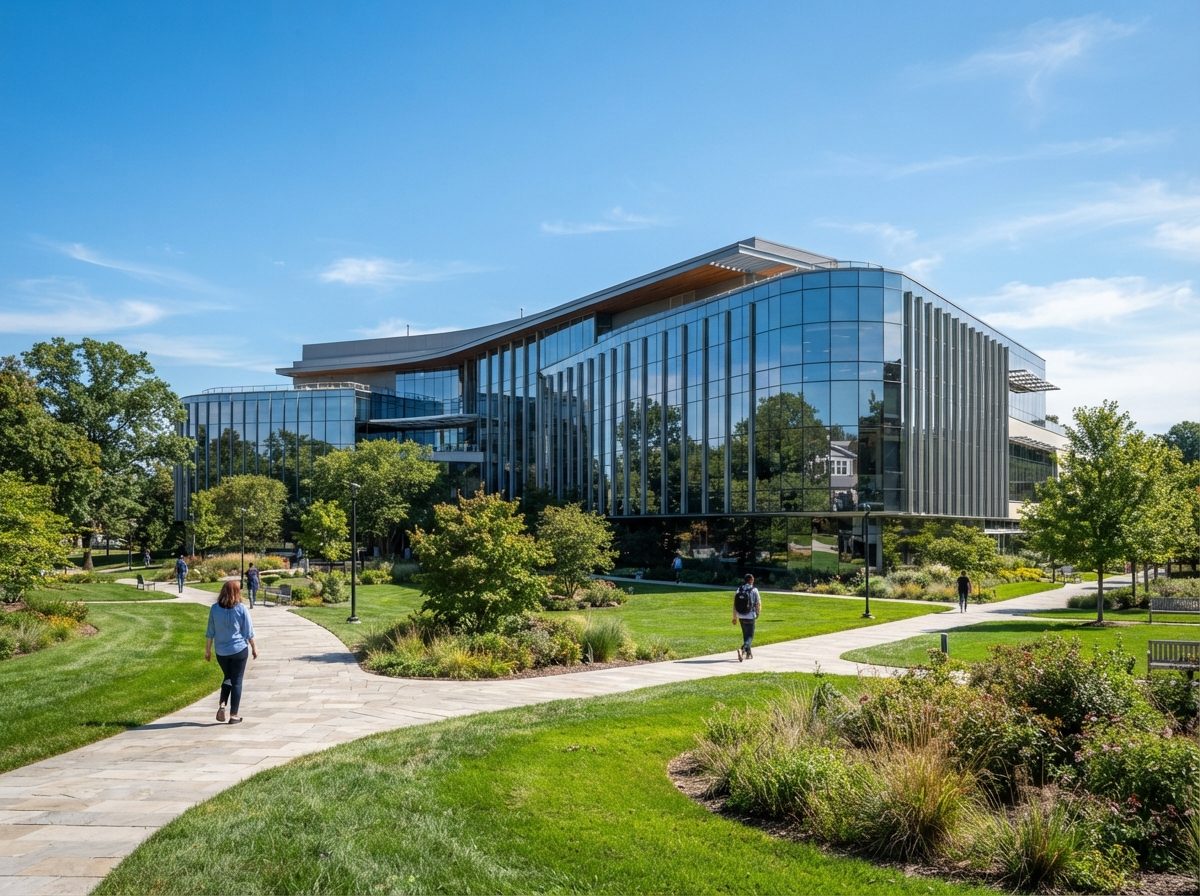 Modern glass biotech campus building reflecting a clear sky on a sunny day