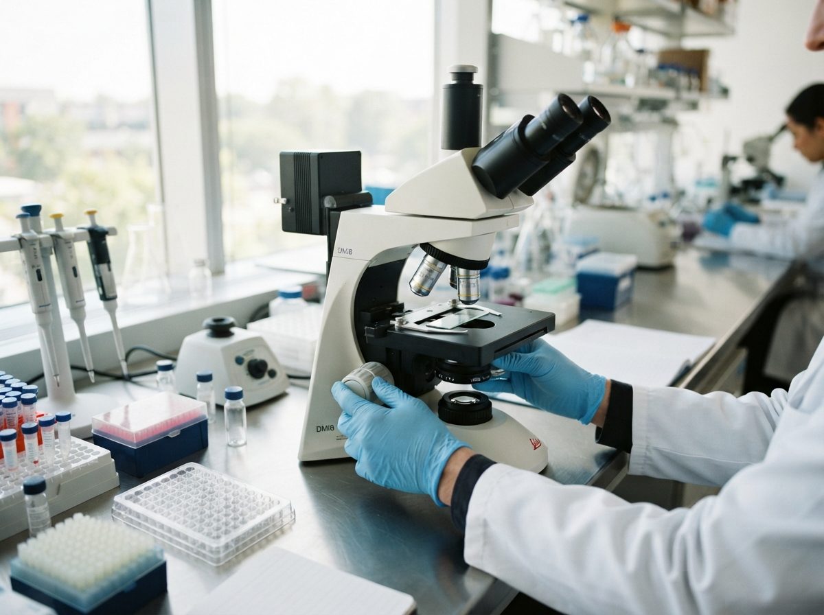 Researcher adjusting a microscope in a modern biotechnology laboratory.