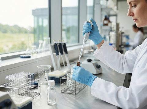 Researcher preparing samples on a laboratory bench inside a bright pharmaceutical research facility.