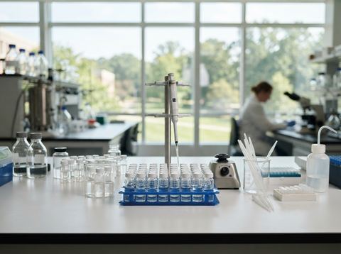 Glass vials and laboratory equipment on a bright pharmaceutical research bench.