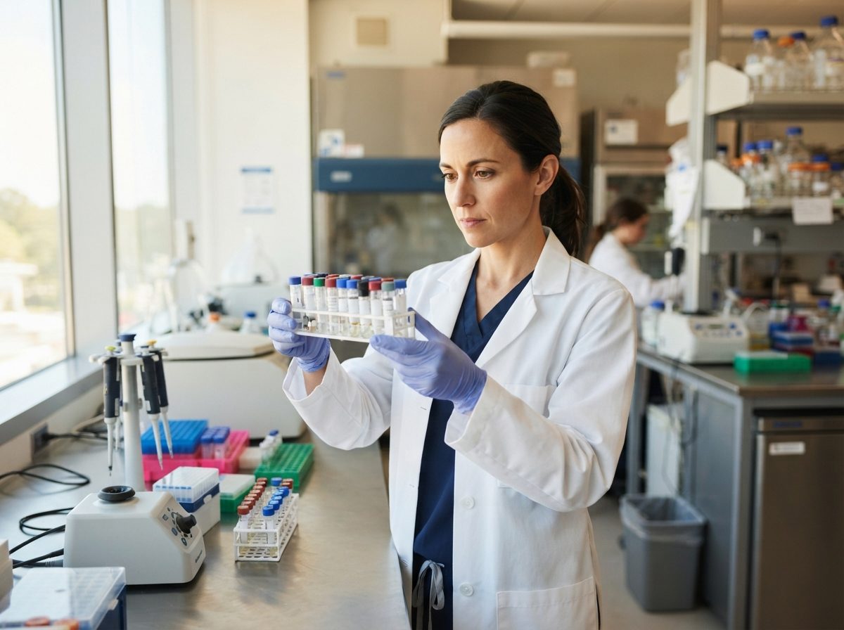 Scientist examining glass sample vials in a sunlit biotech laboratory.