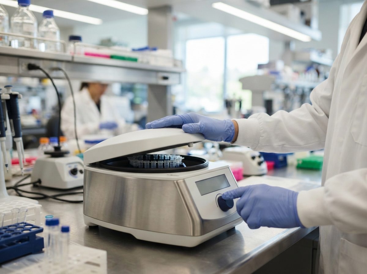 A researcher's gloved hands operating laboratory equipment in a modern biotech facility.