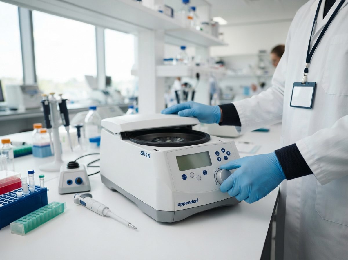 Gloved hands operating laboratory equipment in a bright biotech facility.