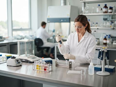 A bright pharmaceutical laboratory bench with glass vials and precision scientific instruments.