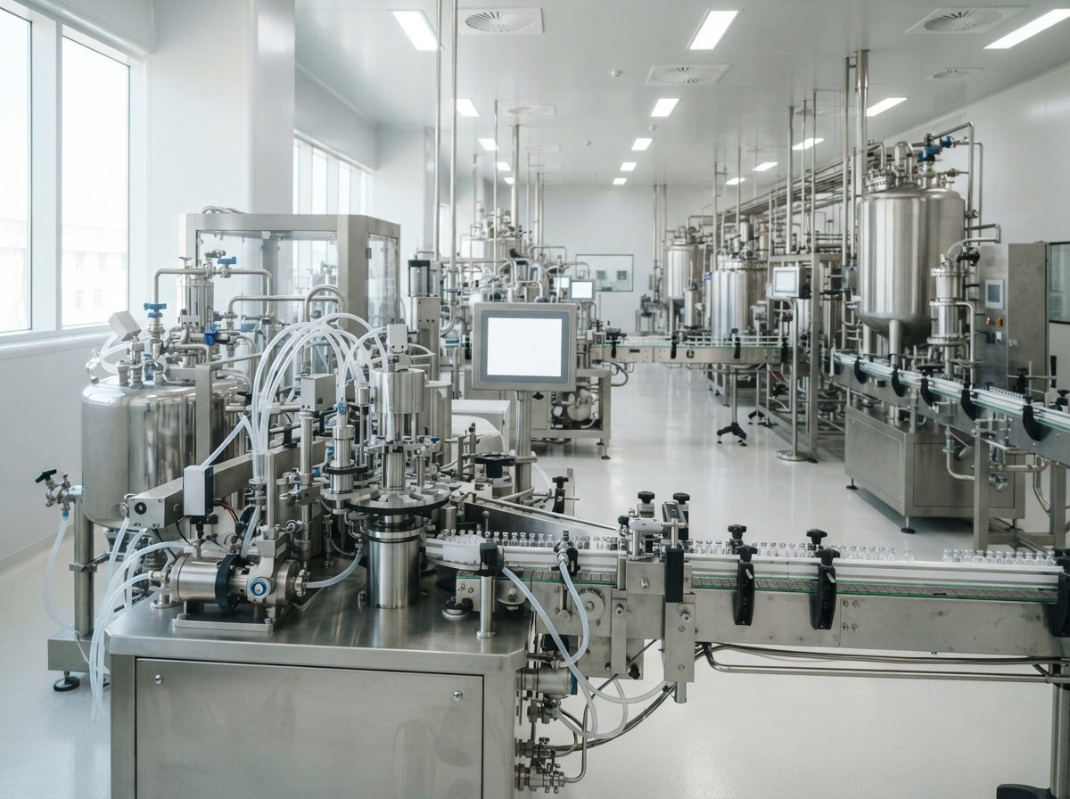 Stainless steel pharmaceutical manufacturing equipment inside a clean, well-lit production facility.