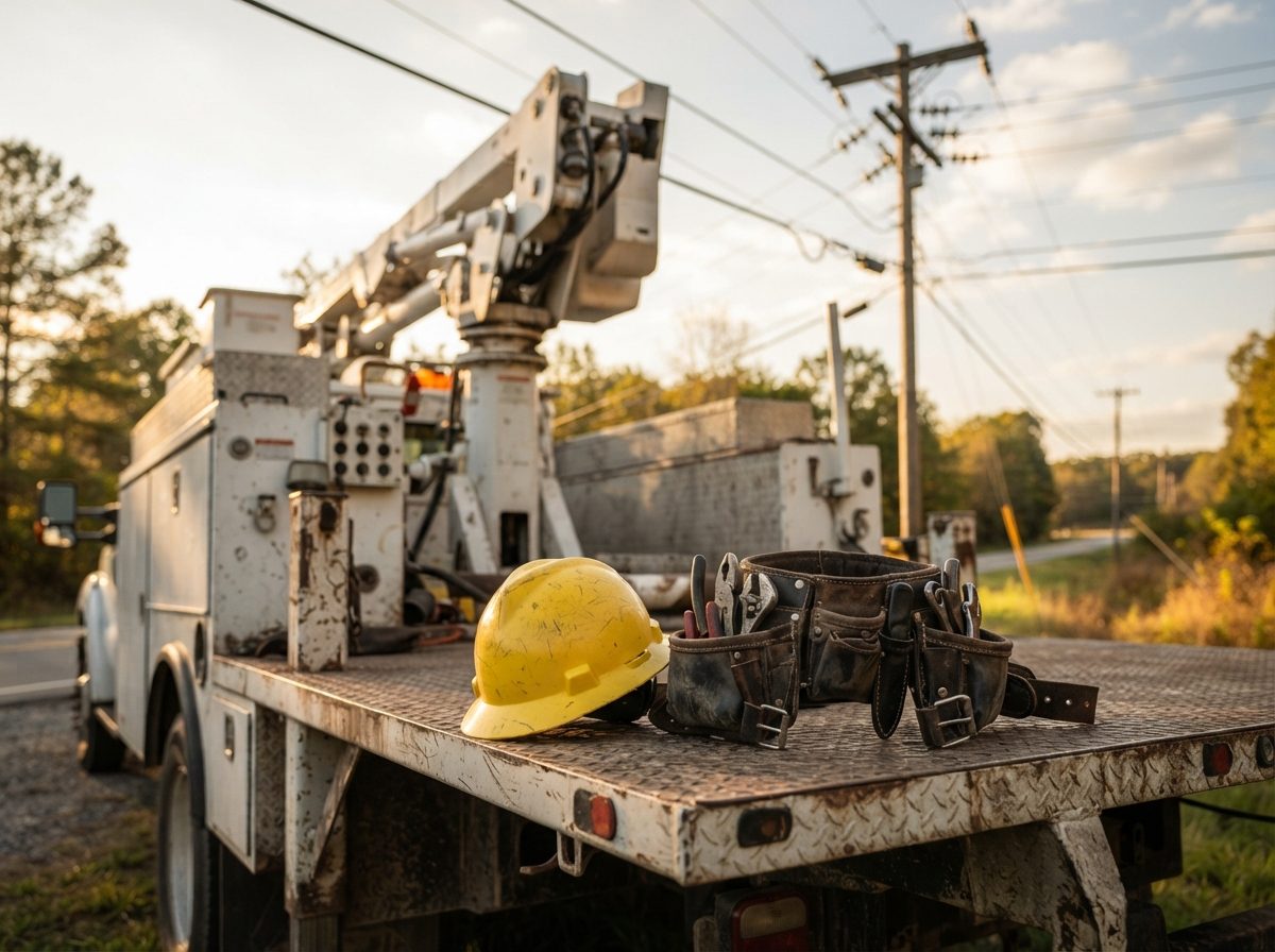 A utility lineworker's hard hat and tool belt on a bucket truck near overhead power lines.