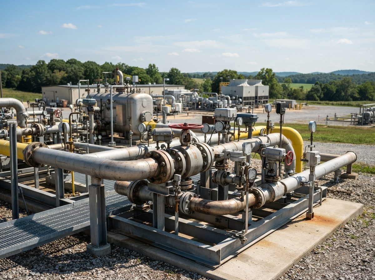 Industrial piping and valves at a natural gas compressor station in daylight.