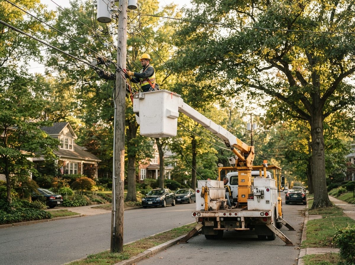A utility bucket truck stationed beside a residential power line on a tree-lined street.