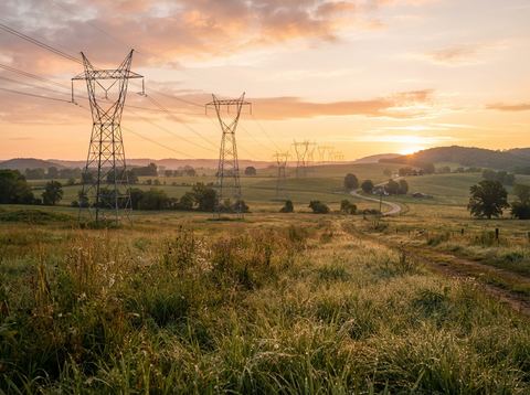 Electric transmission towers crossing a rural American landscape at sunrise.