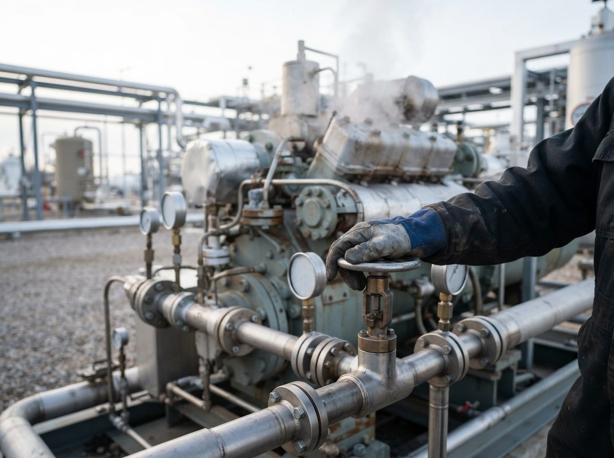 Technician adjusting equipment at a natural gas compressor station on a clear morning.