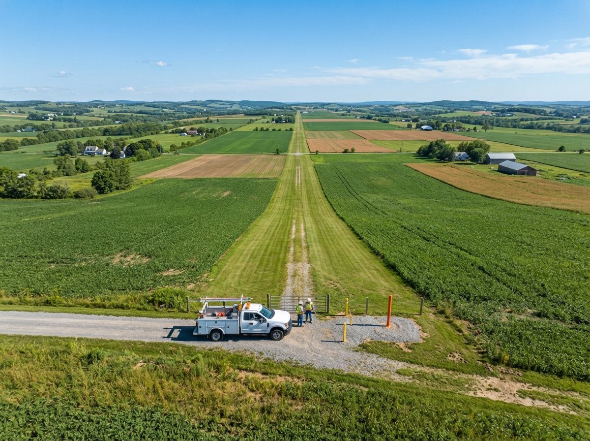 Aerial view of a natural gas pipeline right-of-way through farmland with a maintenance truck nearby.