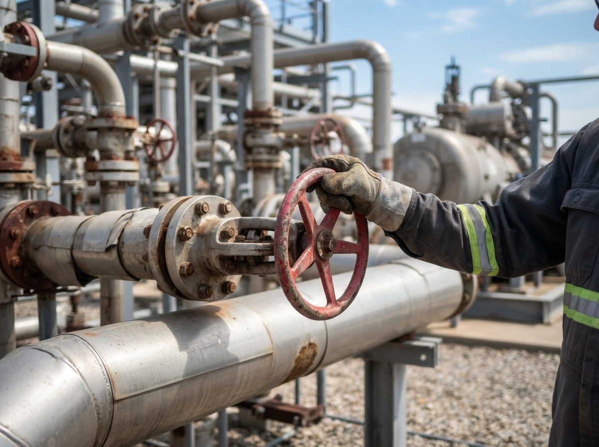 A worker's hand adjusting a valve on an industrial pipeline at a compression station.
