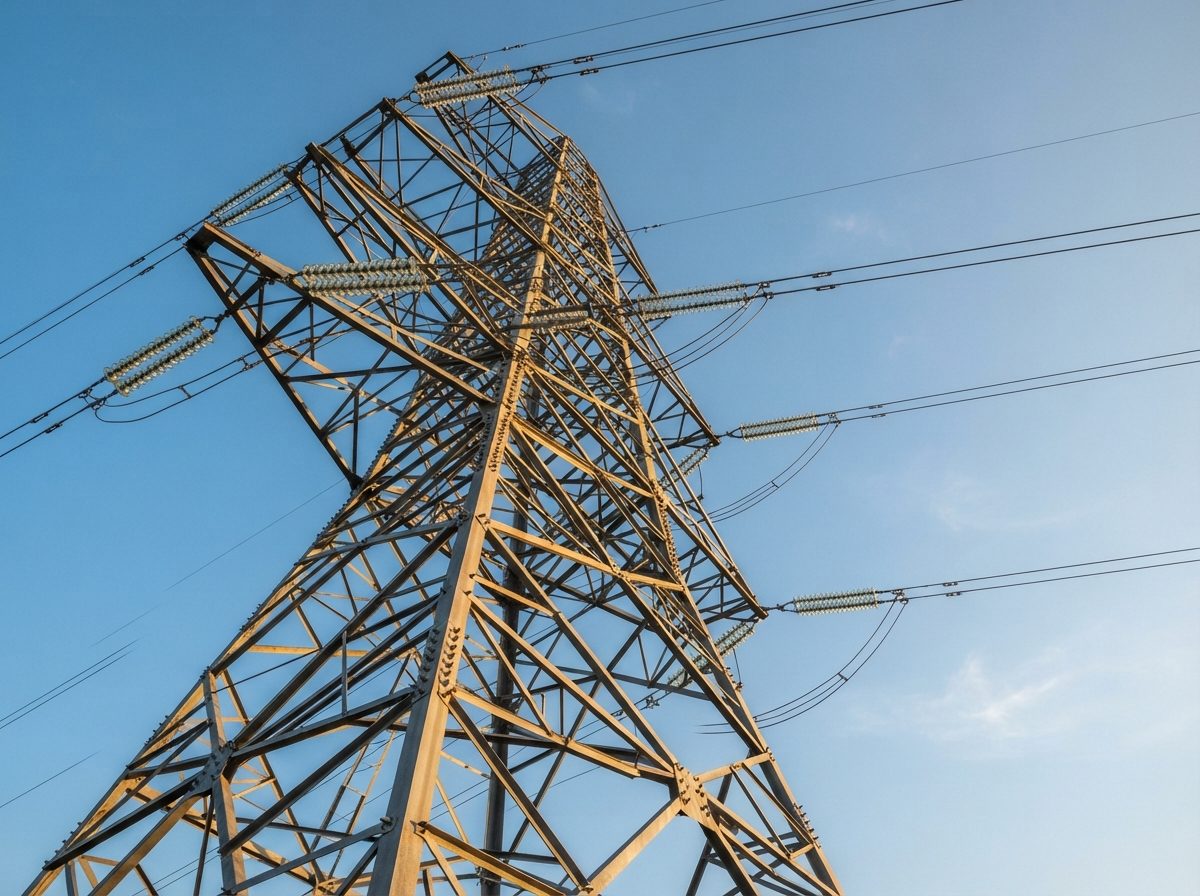 High-voltage transmission lines and steel towers stretching across a clear sky at golden hour.