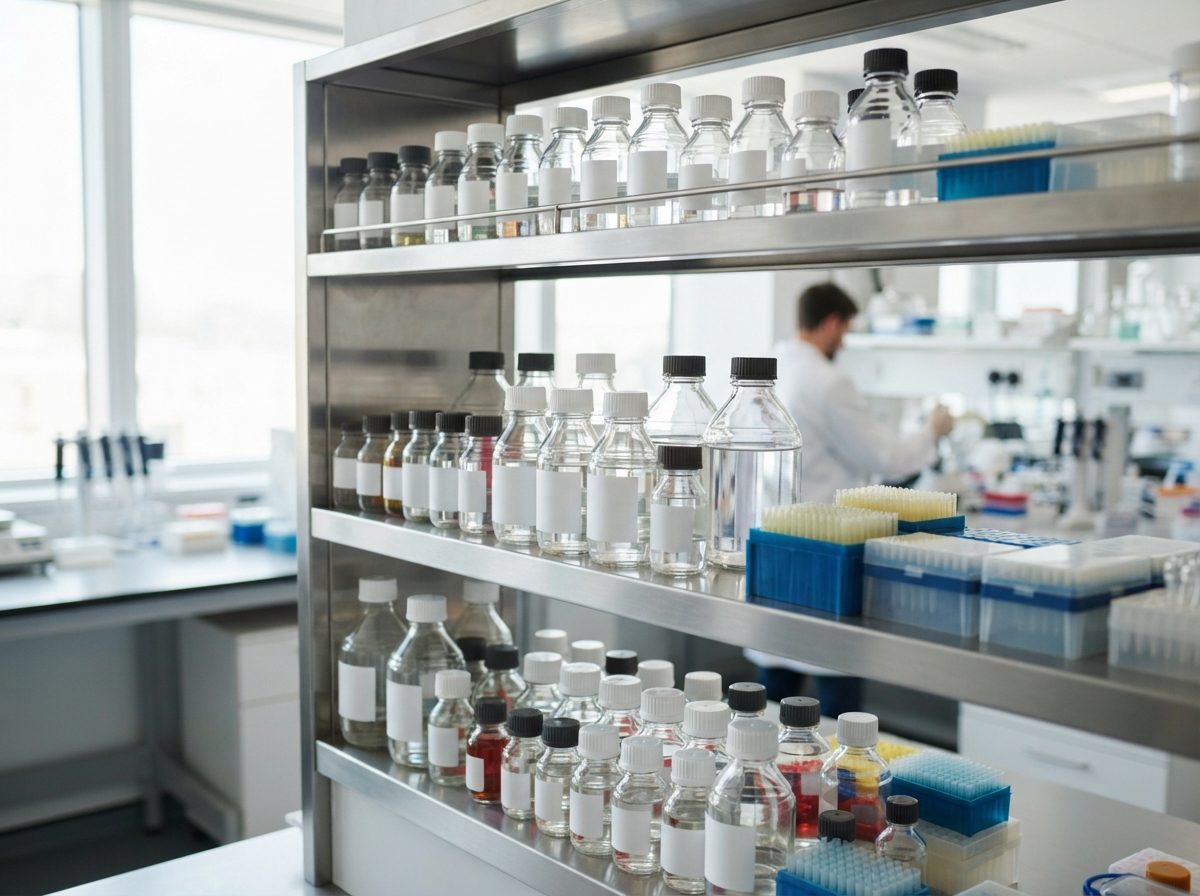 Organized shelves of laboratory reagent bottles and pipette tips inside a bright life sciences facility.