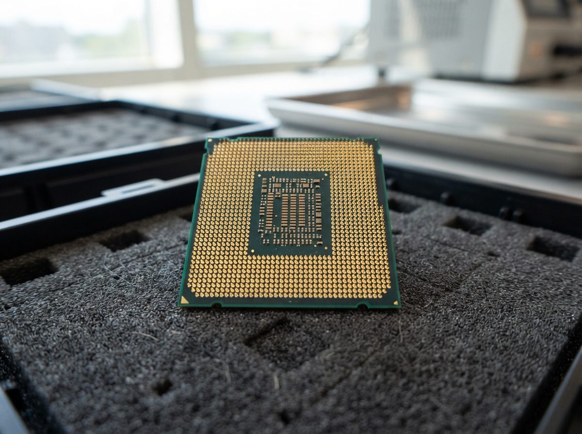 Close-up of a computer processor chip with metallic contacts on an anti-static tray.