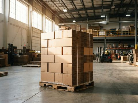 Stacks of corrugated cardboard boxes on pallets inside a bright packaging warehouse.
