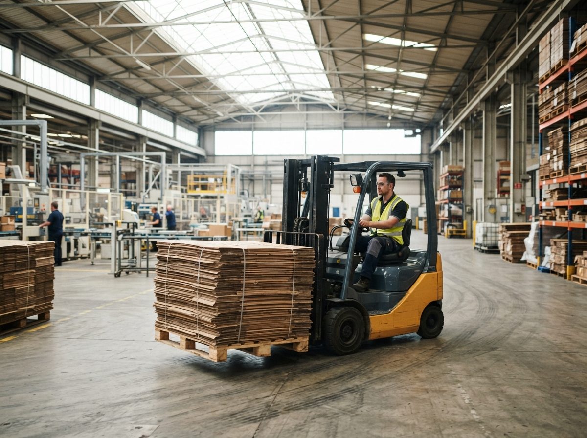 A forklift moving flattened cardboard sheets through a sunlit packaging plant.