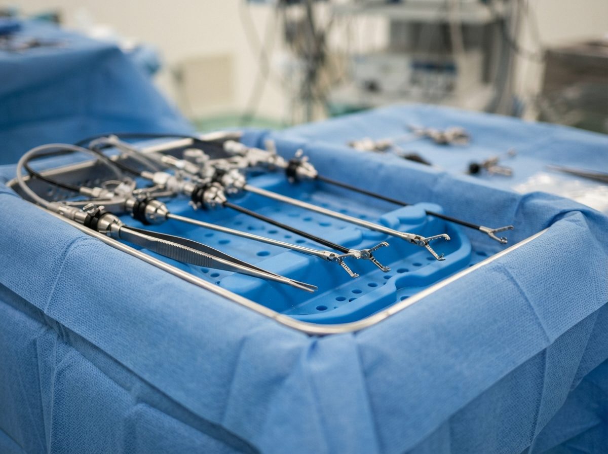 A sterile tray of slender wristed surgical instruments laid out under bright clinical lighting.