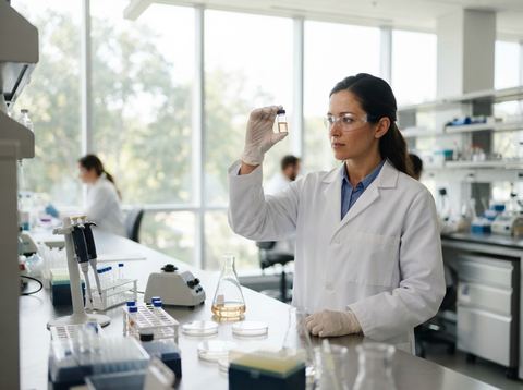 A scientist examines a vial of medicine in a bright pharmaceutical research laboratory.